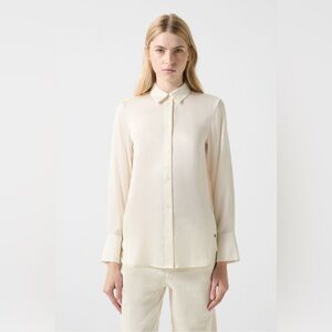 NWT BOGNER Gabi Cotton Silk Blend Blouse Off-White Jewel Floral Cuff US Size 12